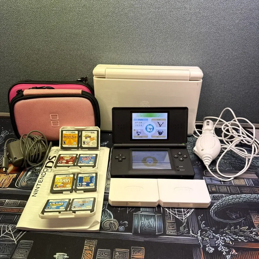 Nintendo DS Lite Black Console Bundle With Cases And 8 Games